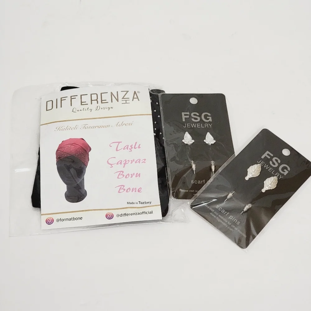 5 pieces set hijab, rhinestones bonnet/under scarf & safety pins